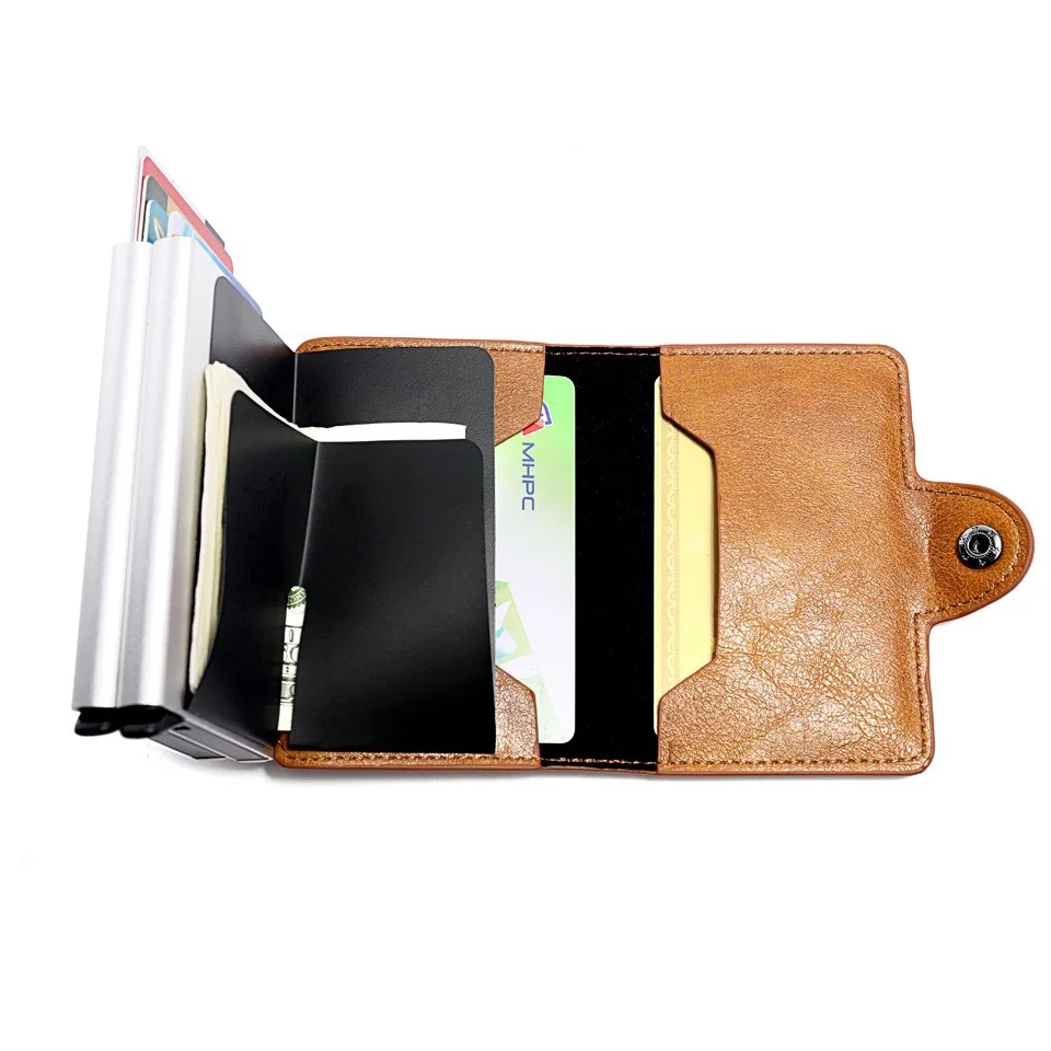 New Leather Solid Color Automatic Snap Card Bag Shielded Anti Theft Brush Wallet Aluminum Alloy Card Box Card Sleeve