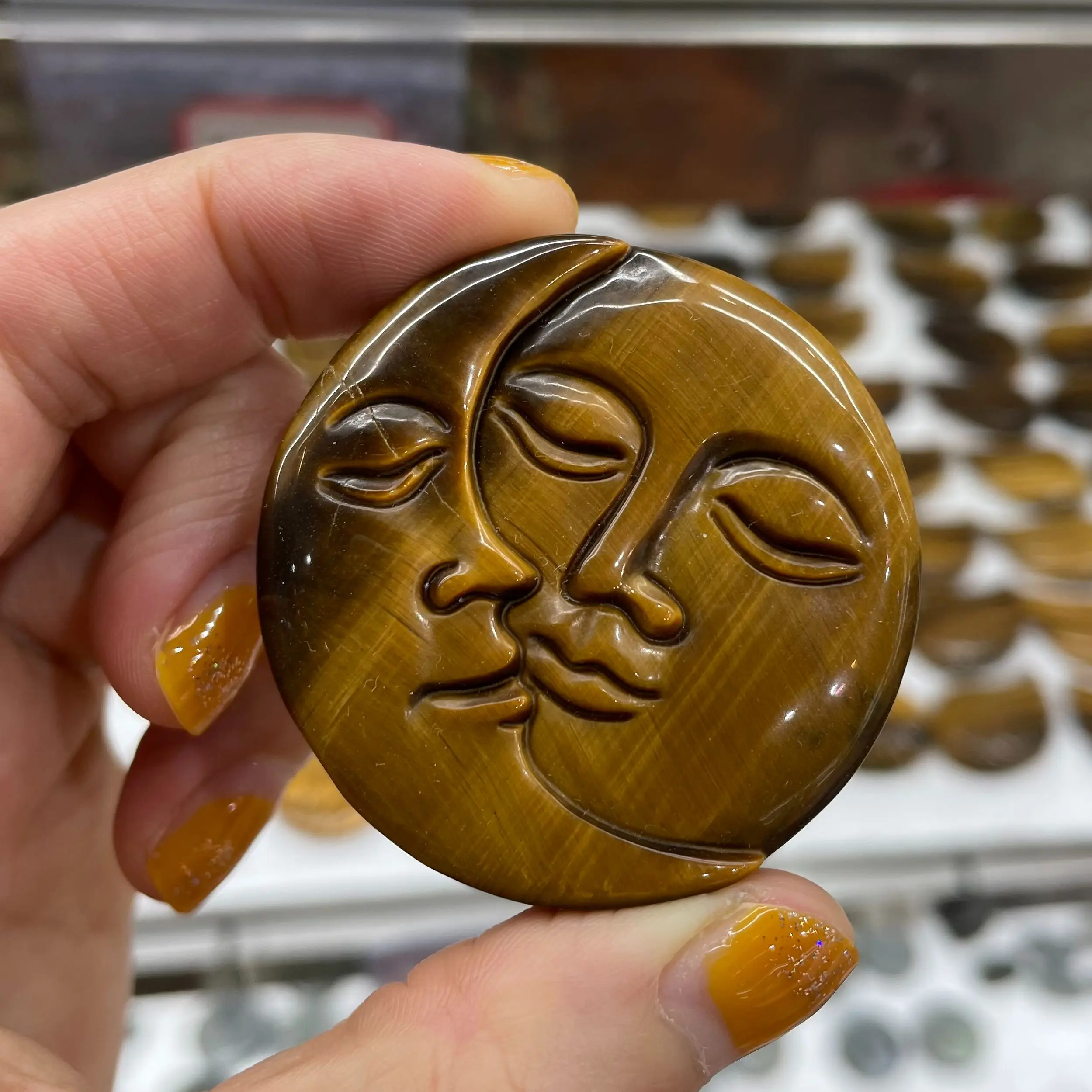 

Natural Yellow tights's eye Carved "Sun Moon" Quartz Crystal Skull Reiki Healing Gift Home Decorate