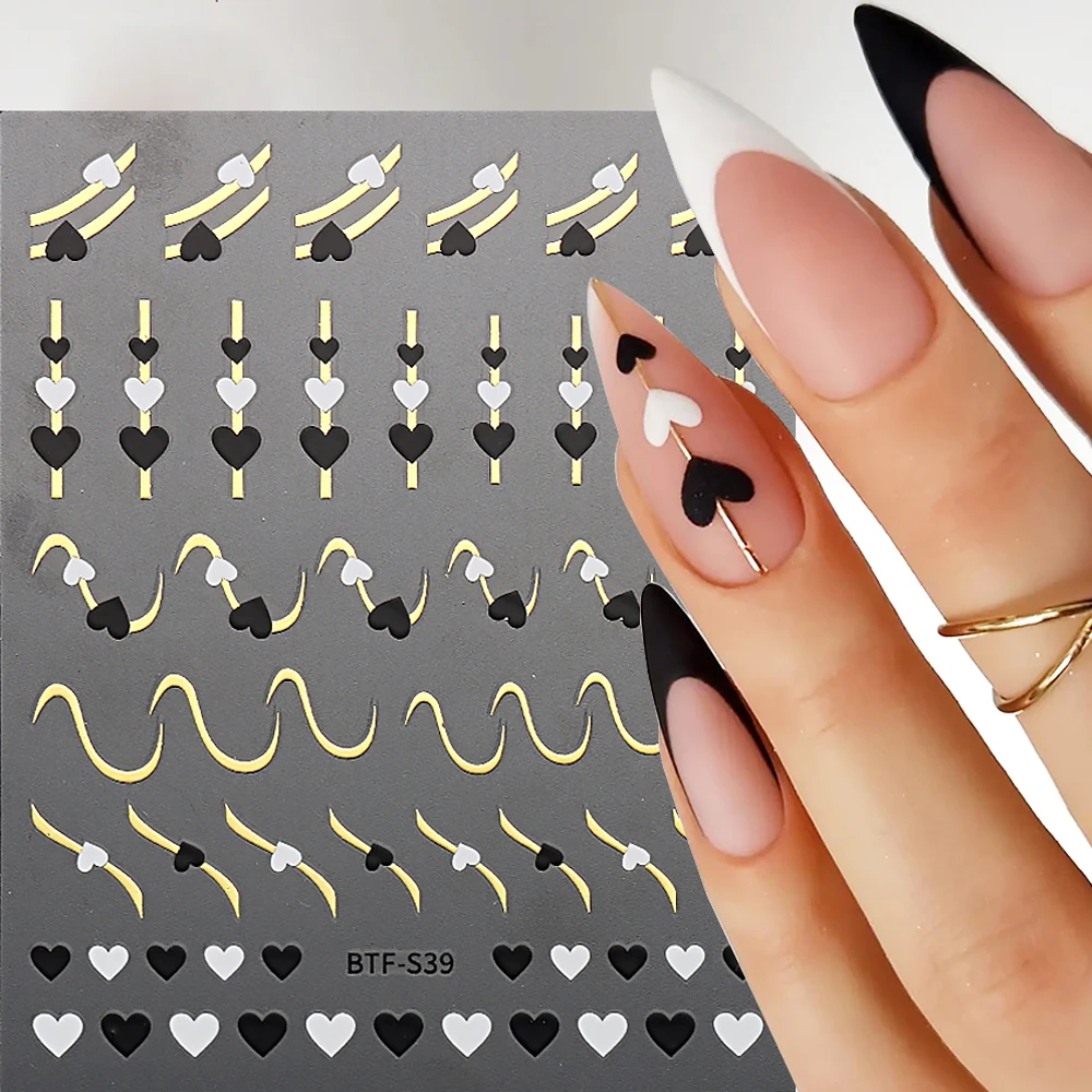 

3D Черно-белые наклейки для ногтей в форме сердца, цветочные переводки, золотые геометрические волнистые линии, полоски, слайдер, украшение для маникюра