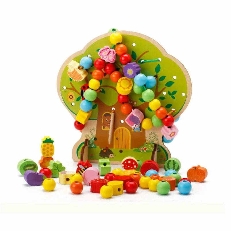 

Детские деревянные игрушки Монтессори на шнуровке, деревянные бусины «сделай сам» для детей, Мультяшные животные, фрукты, цифровые бусины, ...