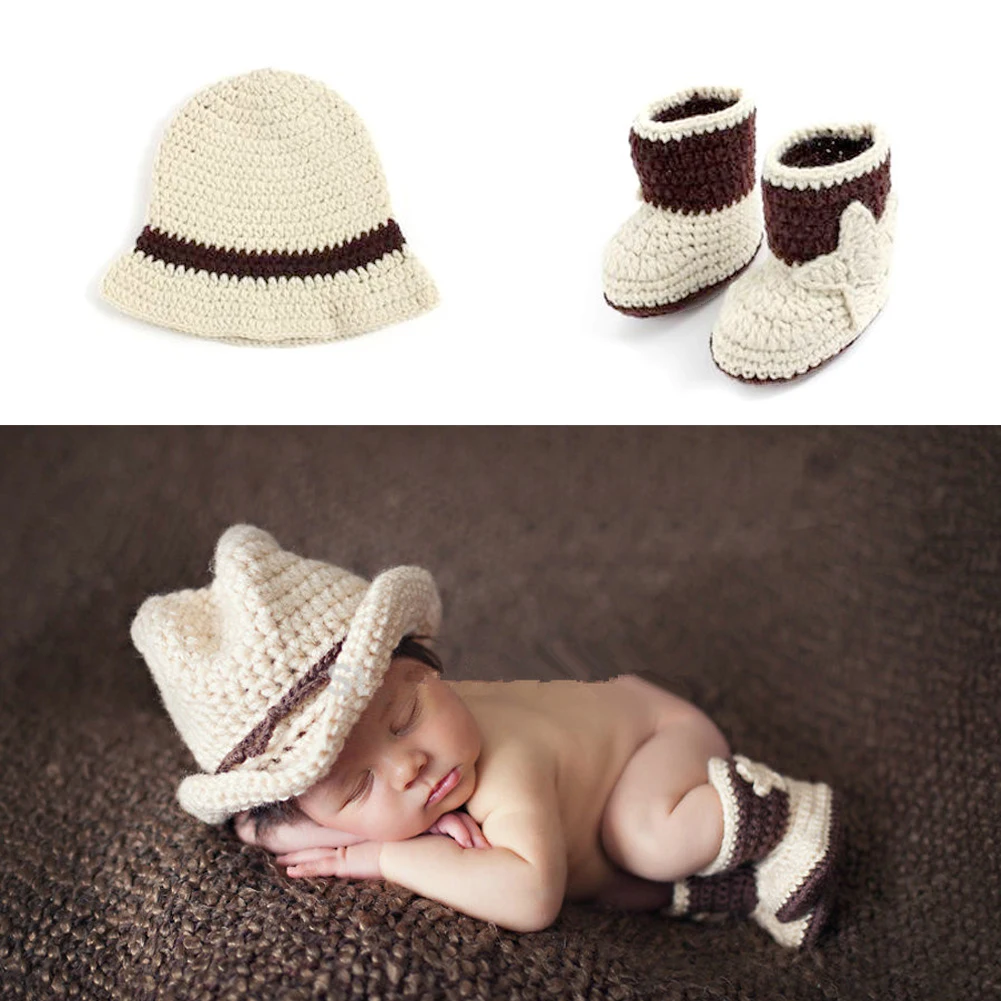 

Newborn Baby Cute Cowboy Crochet Knit Costume Prop Outfits Photo Photography Baby Hat Photo Props Outfit