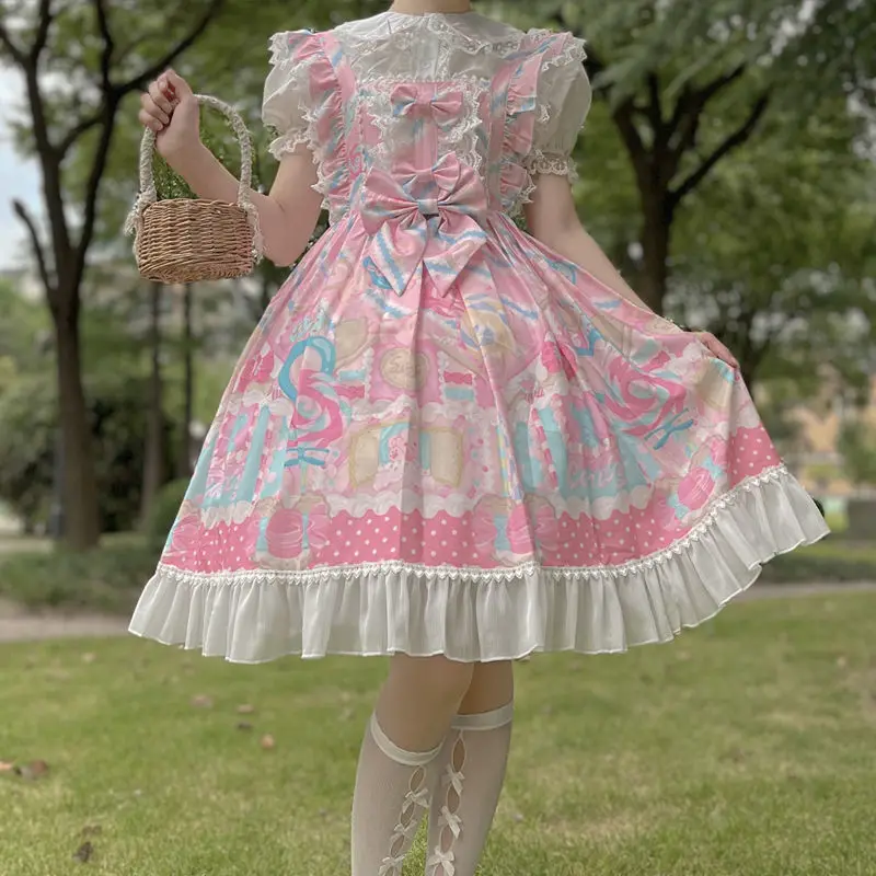 

Kawaii Lolita Sweet Sugar Print Women Girls JSK Lolita Kawaii Cute Tea Party Dresses Ruffles Cosplay Spring Summer Slip Dress