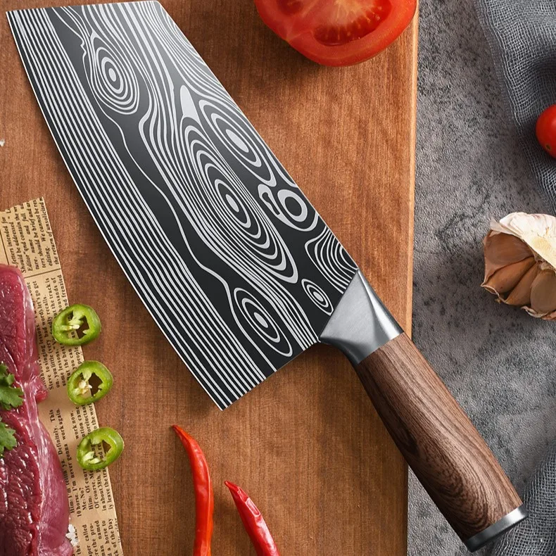 

Kitchen Butcher Knife 7.5 Inch Damascus Laser Pattern Stainless Steel Bone Cutter Meat Cleaver With Wooden Handle Gift Box