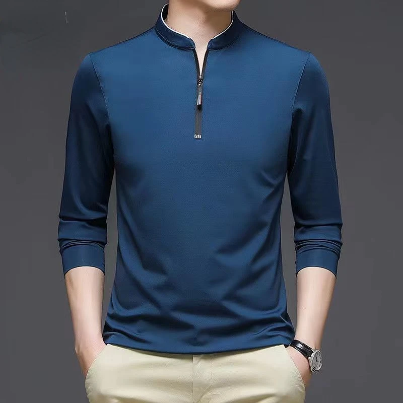 

New Spring and Autumn Clothes Men Streetwear T-shirts Pullover Full Sleeve Casual Stand Collar T Shirt Men Clothing E352