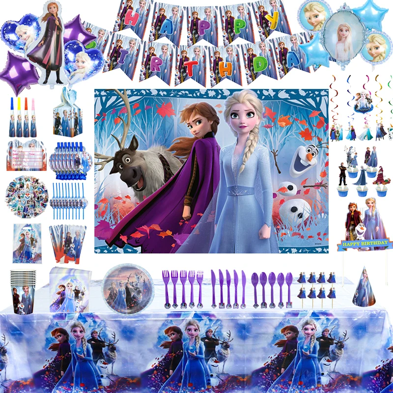 

Disney Cartoon Frozen Princess Theme Party Disposable Cutlery Set Balloon Birthday Child Birthday Party Supplies Decor Girl Gift