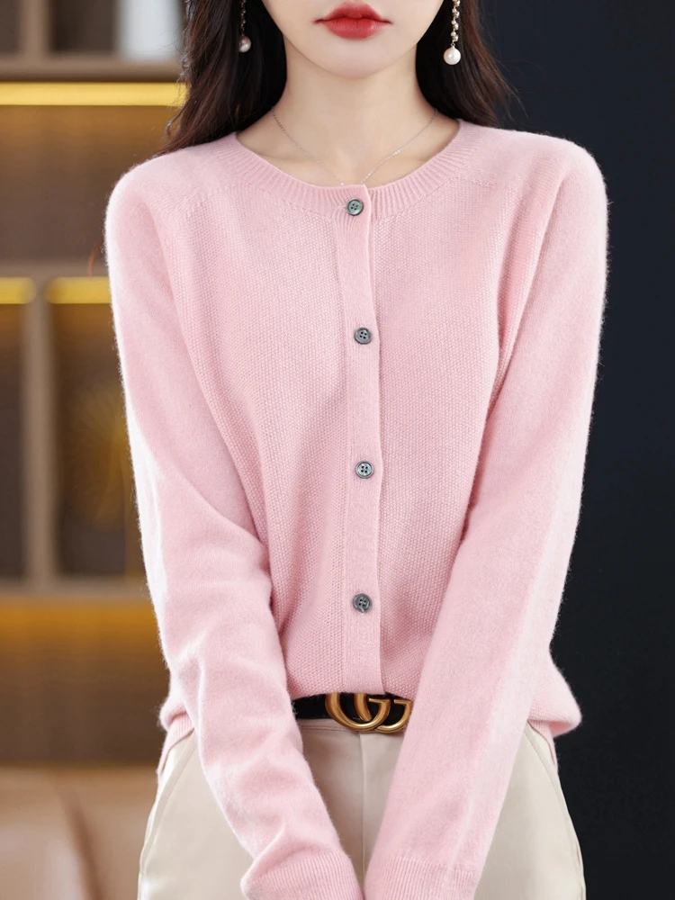 Женский модный кардиган из мериносовой шерсти свитер с круглым вырезом и длинным