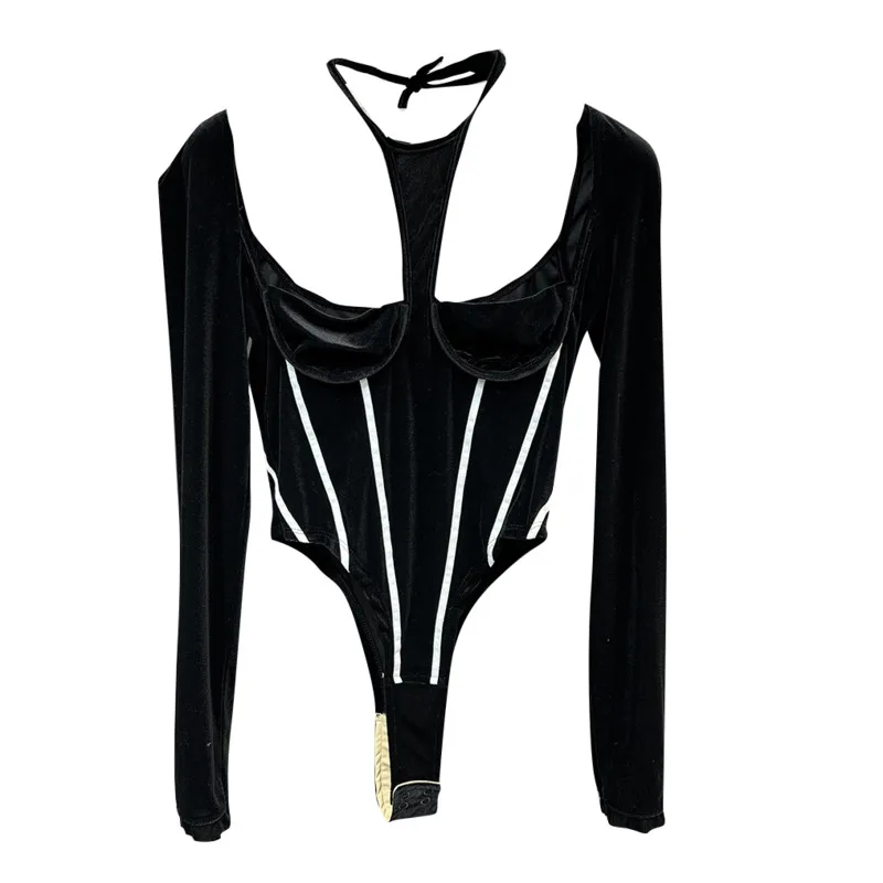 BORVEMAYS 2023 Spring Summer New Fashion Trend Jumpsuits Women Hanging Neck Contrasting Colors Long Sleeve Slim Sexy Pants
