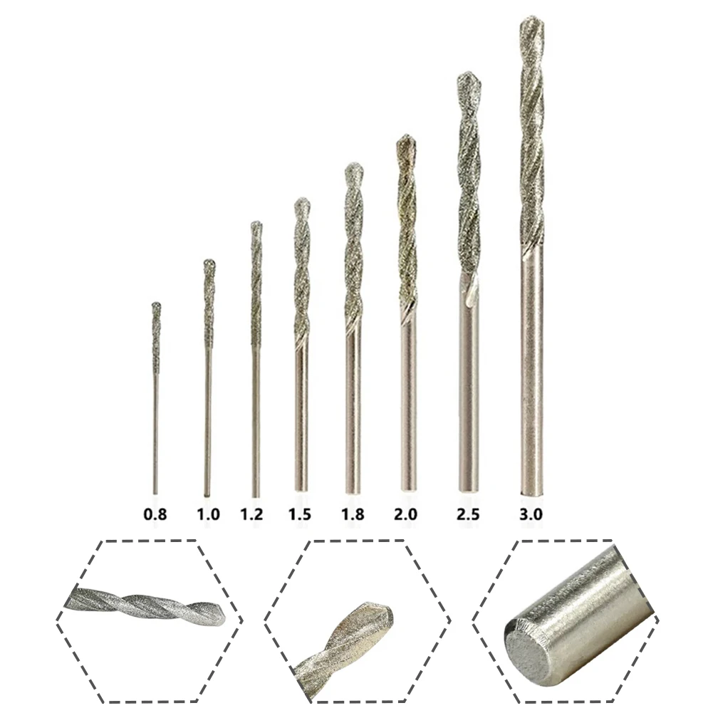 

8pcs 0.8/1/1.2/1.5/1.8/2/2.5/3mm Diamond Coated Drill Bits Set For Drilling Jewelry Ceramics Glass Power Tool Parts