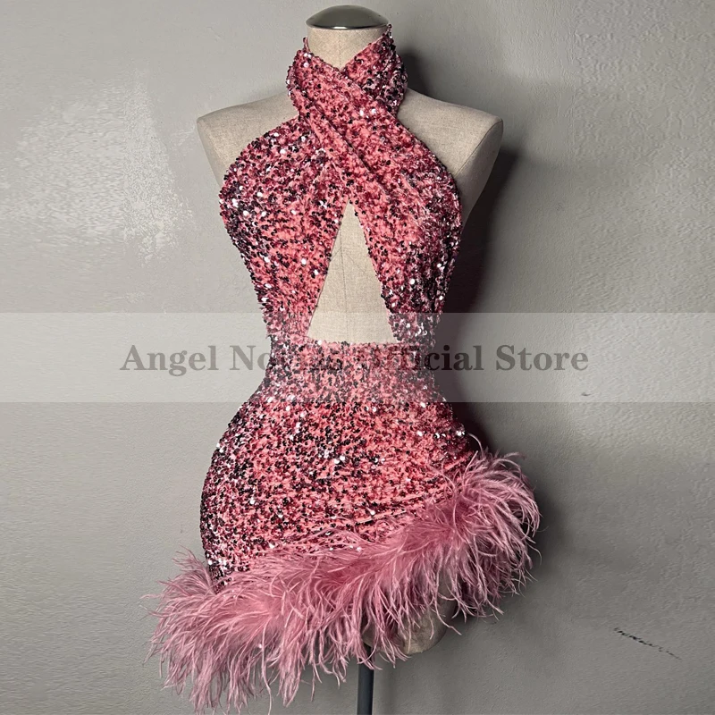 

Sexy Mini Dusty Pink Prom Dresses 2023 with Feather for Black Girls Robe De Soiree Party Evening Birthday Gown