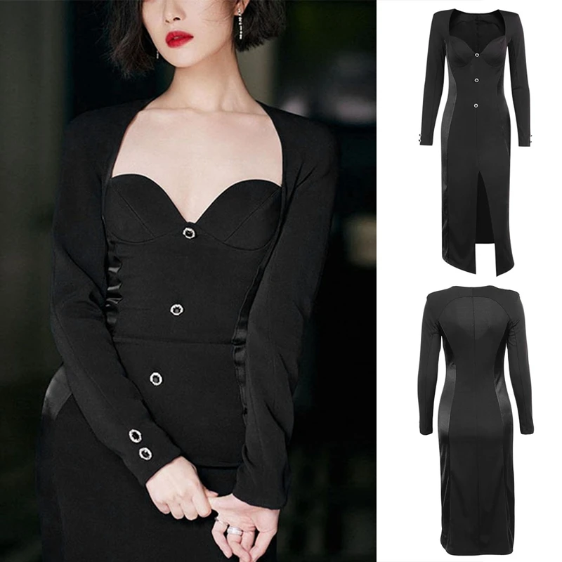 

Long Sleeve Women's Dress Sexy Button Hem Split Bodycon Autumn Elegant Party Casual Lady Mid-Calf Dress