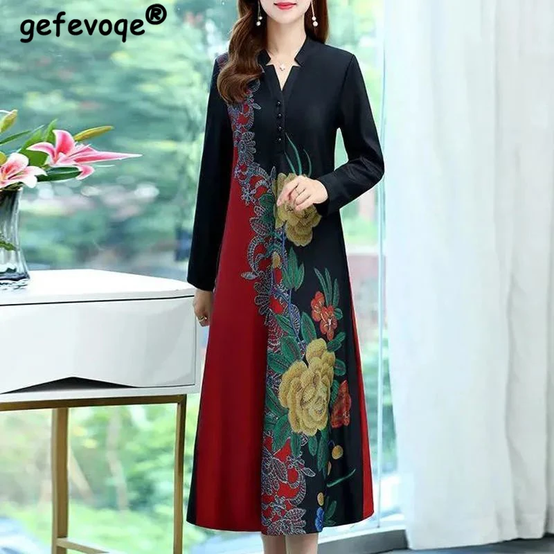 

Floral Printed Straight Loose Button V-Neck Office Lady Elegant Dresses For Women Retro Fashion Robe Oversized Summer Maxi Dress