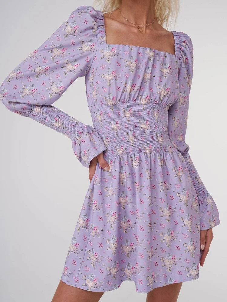 

Summer Slim Square Collar Dresses Women Fashion Sweet Printed Dress Women Elegant Puff Sleeve Mini Dresses Female Vestidos