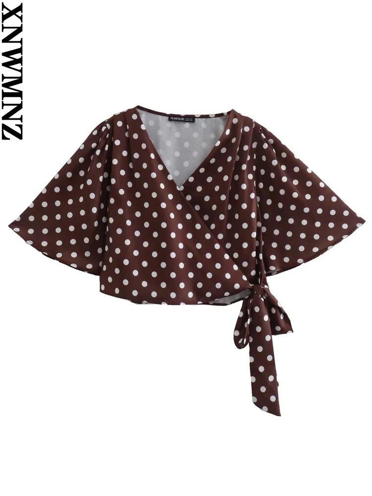 

XNWMNZ 2022 Women Fashion With Tied Bow Polka Dot Cropped Wrap Blouses Vintage V Neck Wide Short Sleeves Female Shirts Chic Tops