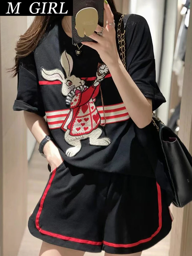 

M GIRLS Summer Vintage Embroidered T-Shirts And Shorts conjunto feminino shorts e blusa 2023 Loose Cartoon Tops Two Piece Set Fo