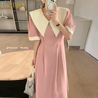 e girls women french retro lapel stitching contrast pleated dress 2022 korean chic summer waist wrapped puff sleeve dresses