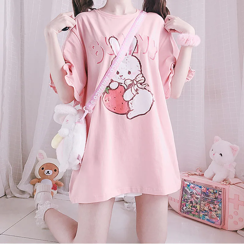 

Summer Short Sleeve O-Neck T-Shirt Pink Kawaii Cherry Print Lace Girls Tops Harajuku Y2k 2021 Tee Women Oversized Cute Tshirts