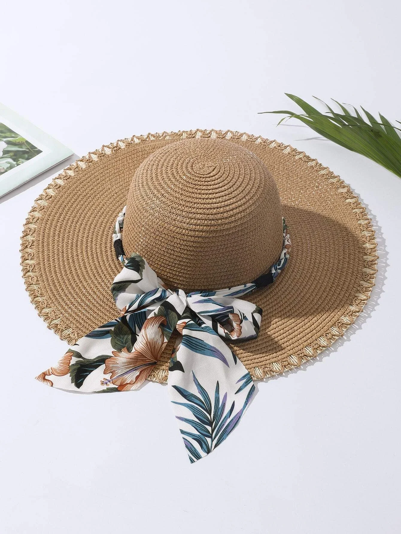 

hat Leaf Print Scarf Decor Straw Hat beach