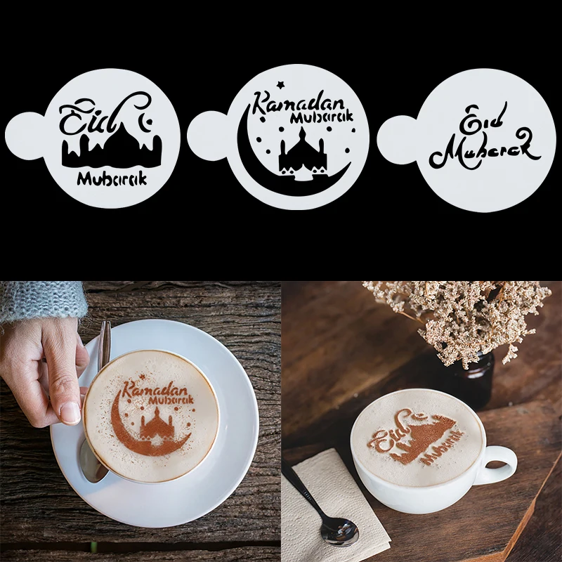 

3pcs Eid Mubarak Coffee Spray Stencils Cake Cupcake Cappuccino Template Strew Pad Ramadan Decoration Muslim Islamic Party Decor