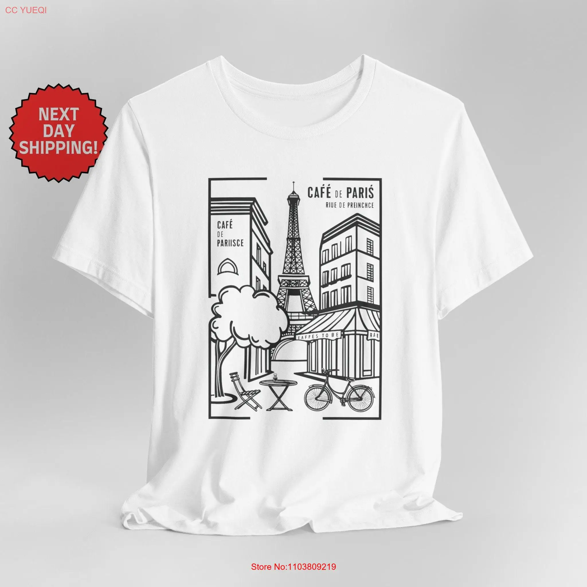 Paris Street Eiffel Tower Black T Shirt Stylish and Comfy Travel Souvenir long or short sleeves