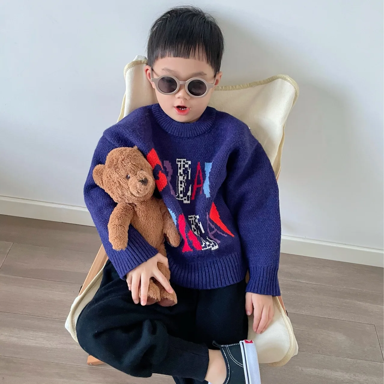 

Свитеры с круглым вырезом для малышей, зимняя одежда, свободные свитеры с длинными рукавами и геометрическими буквами для мальчиков и девочек, пуловеры, джемперы, топы