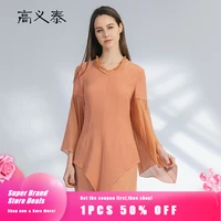 v neck stitching georgette silk butterfly flying sleeves woman tshirts pointed corner swing 60 momme silk orange t shirt by207