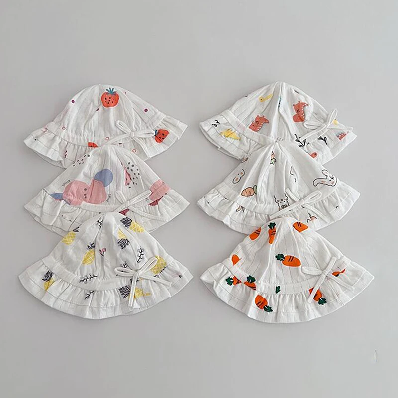 

Infant Baby Sun Hat Cute Cartoon Print Bow Wide Brim Hat Newborn Bucket Hat for Girls Boys