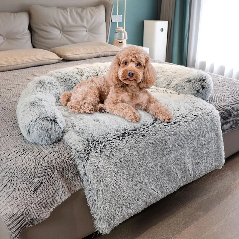 

Pet Cat Dog Bed Long Plush Warm Calming Dogs Beds Fluffy Kennel Mat with Neck Bolster Washable Blanket for Pets Couch Protector