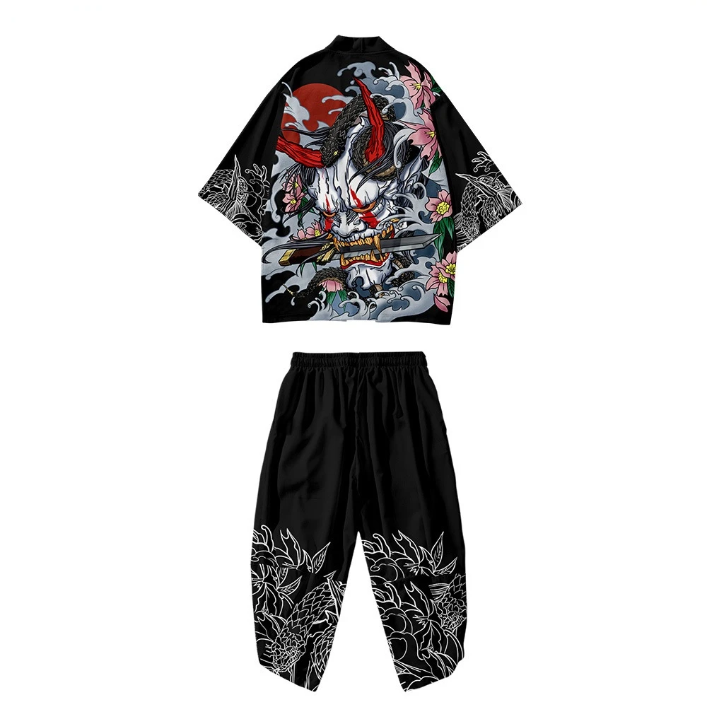 

Two-piece Suit Yukata Fashion Trend Demon Print Hip Hop Women Harajuku Traditional Kimono Japanese Cardigan Men Cosplay Haori