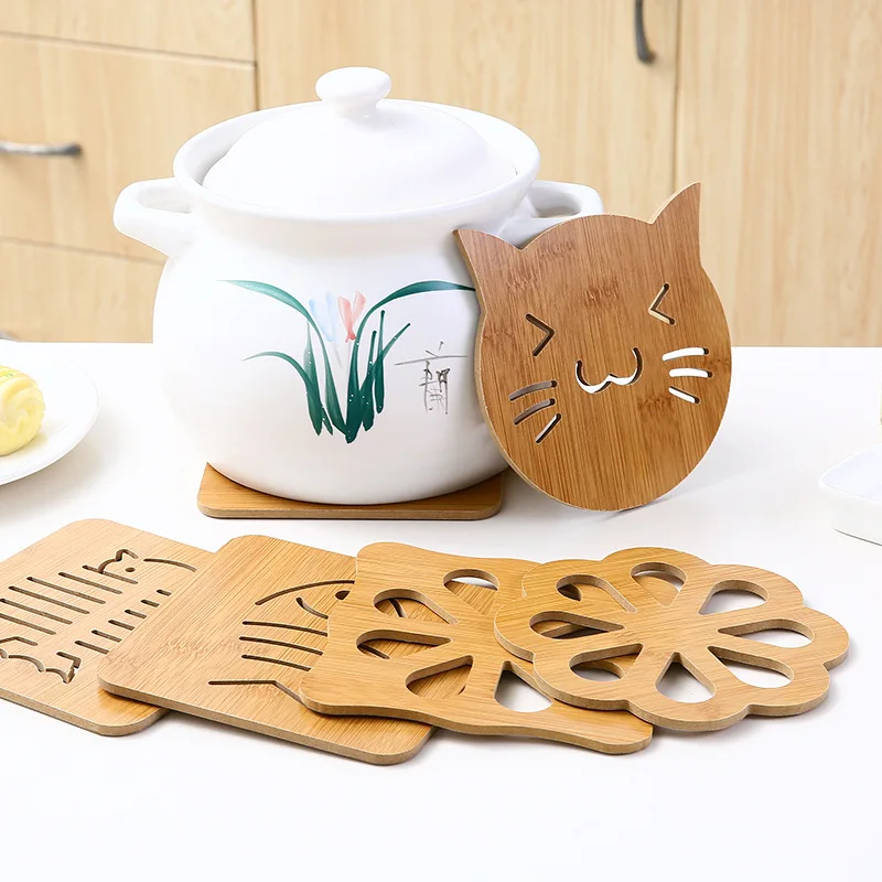 

Kitchen Anti-scalding Bamboo Hollow Wooden Coaster Thick Cartoon Insulation Pad Table Mat Mon-slip Pot Bowl Mat Tray Mat