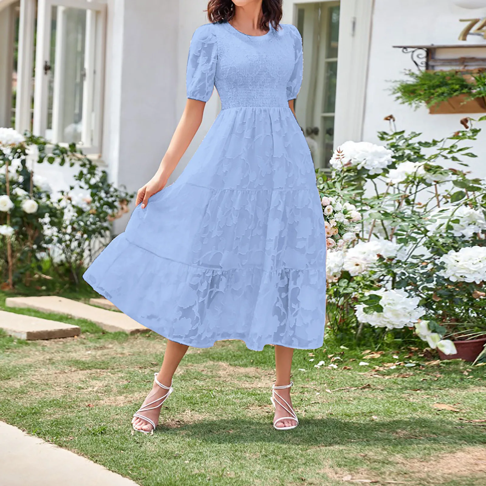 

Платье женское Плиссированное с круглым вырезом, сарафан с пышными короткими рукавами, многослойный цветочный свободный фасон до колена, н...