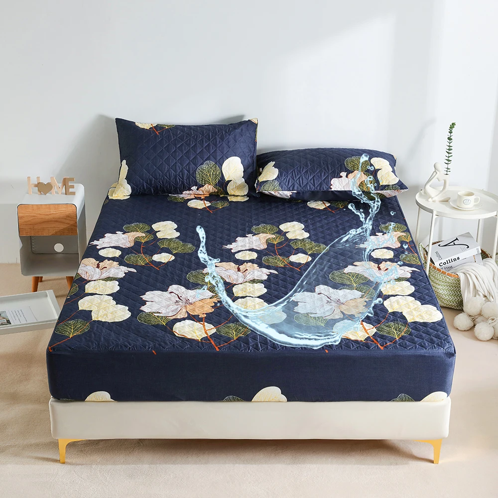 

Classic Waterproof mezzanine Fitted Sheet dark blue flower Bed Cover Sabana Summer Spring Winter Mattress Covers (no pillowcase)