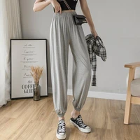 fashion harem pants high waist office ladies tight fitting high stretch all match gray casual wide leg lantern cropped trousers