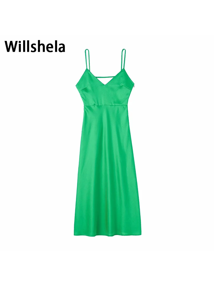 

Willshela женское модное однотонное платье миди с открытой спиной и боковой молнией винтажные тонкие бретельки с v-образным вырезом женские шик...