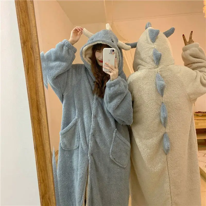 Dinosaur Pajamas in Autumn and Winter Women's Lovely Design Thickened Plush Pajamas Loose Coral Velvet Housewear Pajamas