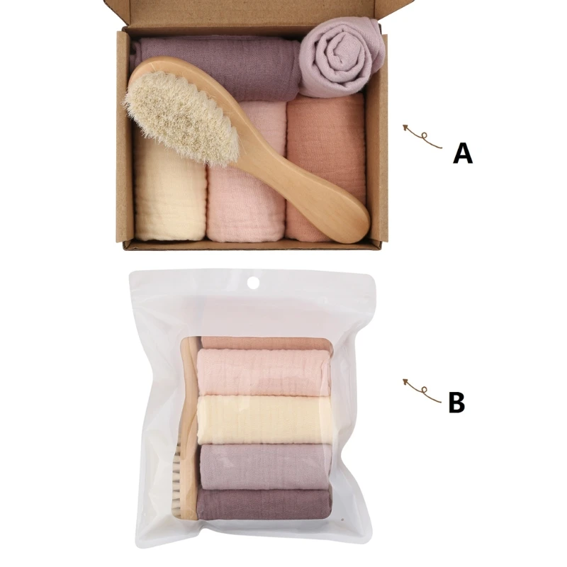

Baby Feeding Bib with Newborn Hair Brush Set Infant Soft Cotton Solid Color Square Towel Face Washcloth Handkerchief