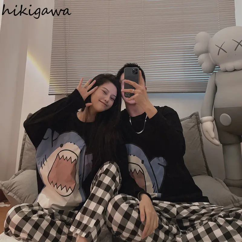 Hikigawa Милая женская пижама с принтом акулы осенняя черная Пижама для пар кавайная