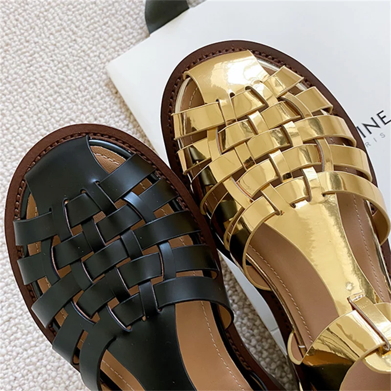 Vintage Fashion Temperament Gold Woven Hollow Roman Sandals For Women Summer Korean Casual Beach Shoes Female Flats