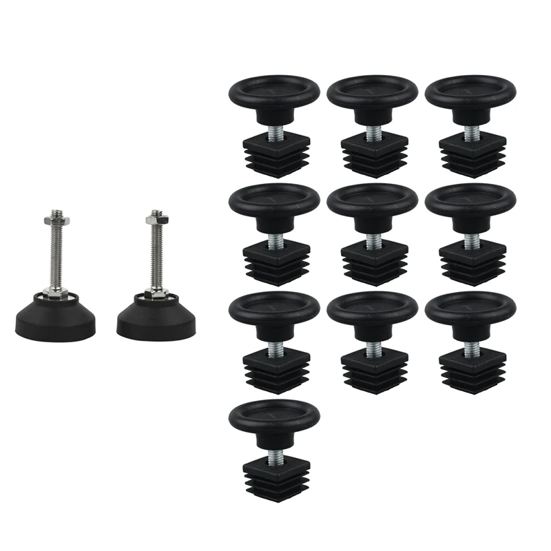 

11 Set Adjustable Leveling Foot: 10 Sets 45Mm Base Dia Leveling Foot 25Mmx25mm Square Tube Insert Kit & 1Set 2Pcs Threaded Pole