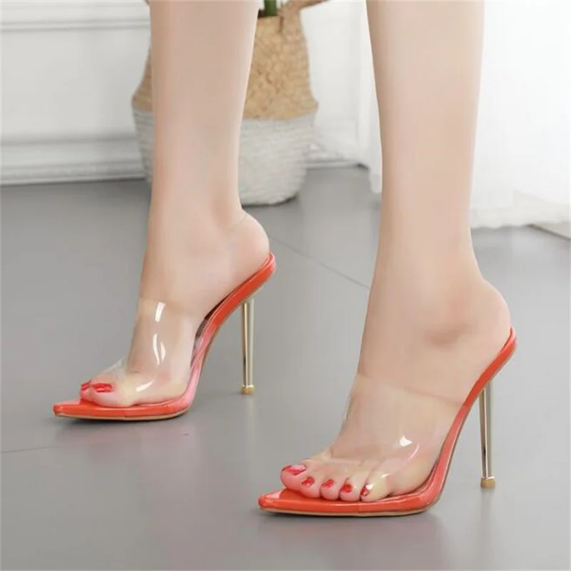 

Candy Color Woman Wedding Shoes Sandals 2022 Nightclub Sexy High Heels 11cm PVC Slides Peep Toe Mules Slippers Summer Pumps