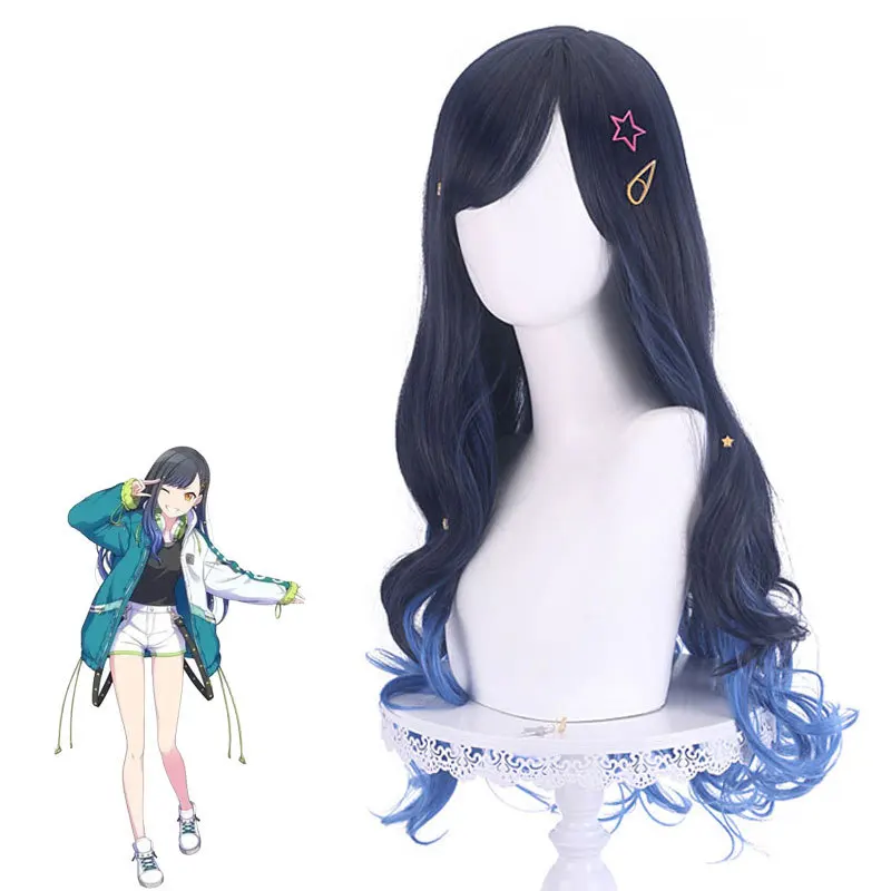 

Shiraishi An Cosplay Wig Project SEKAI COLORFUL STAGE! Curly Black Blue Mixed 70cm Heat Resistant Synthetic Hair Wigs + Wig Cap