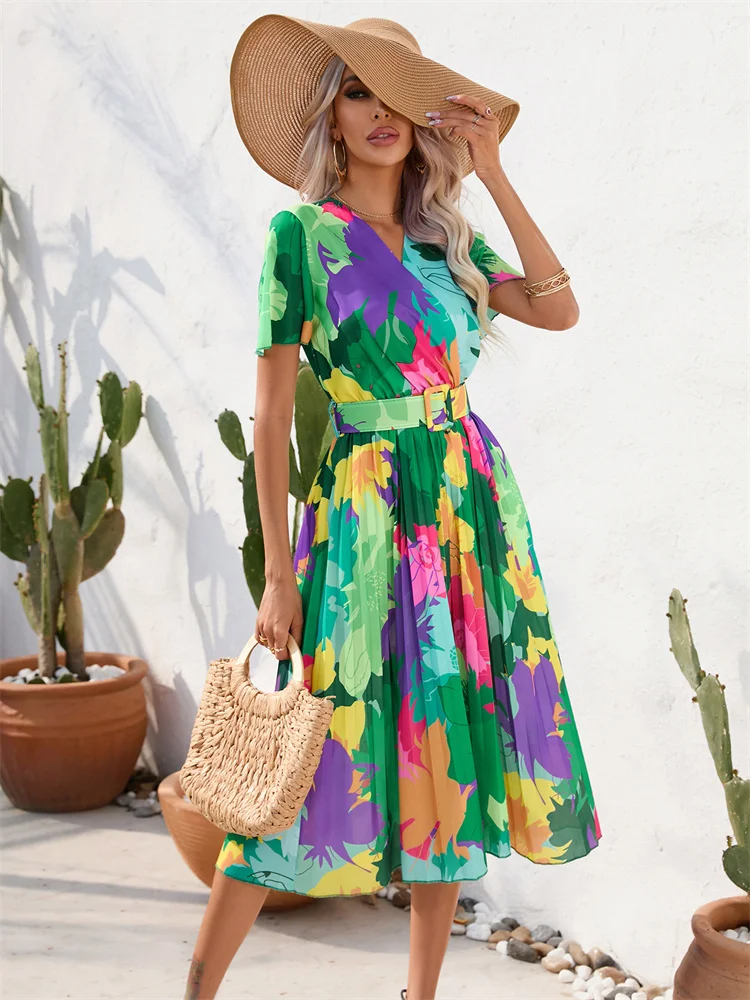

Elegant Flower Print Midi Dress Women Summer Short Sleeve Pleated Slim Dress With Belt Lady Colorful Beach Holiday Long Dress