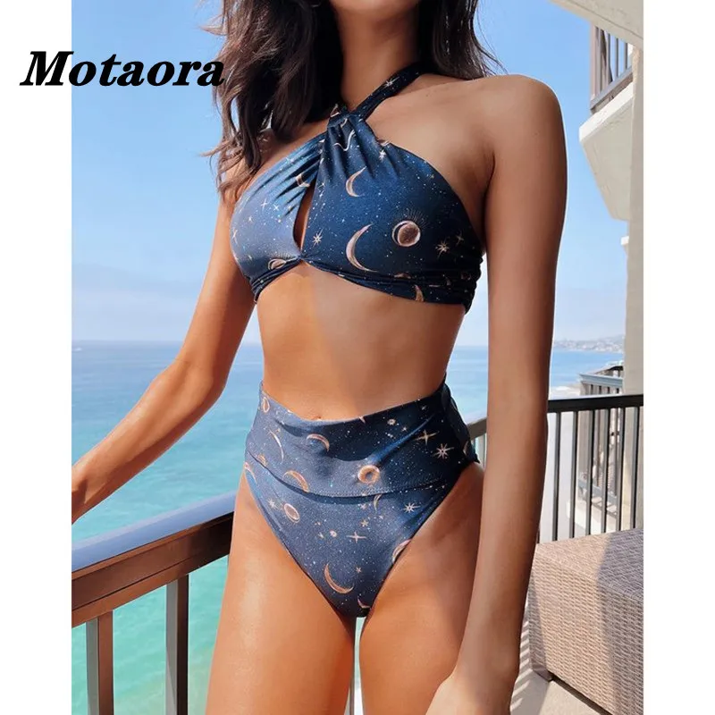 

Push Up Swimwear Sexy Bandage Halter Beachwear Star Printing Bikini Neck Strap Swimsuit Women High Waist Two Pieces Bathing Suit