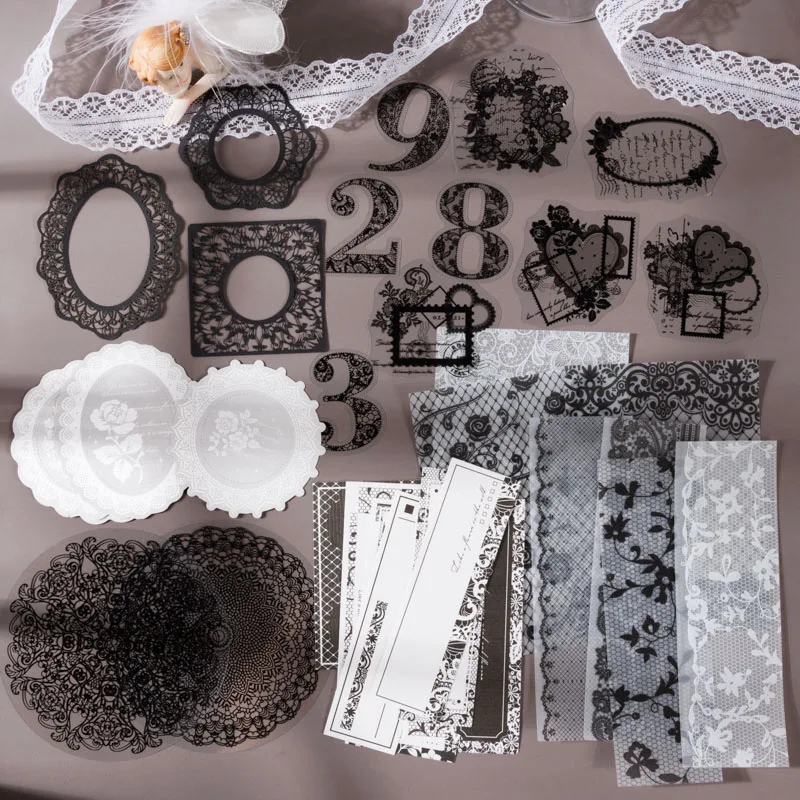 

100Sheets PET Gift Box Black night lace base Paper School Stickers Supplies Handmade Background Decorative Scrapbook 125*165mm