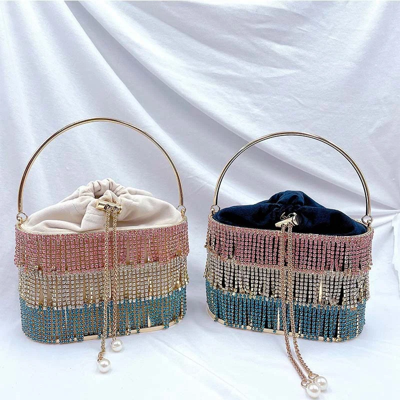 

Color Tassel Diamonds Metal Cage Evening Bags Women 2021 New Luxury Rhinestone Clutch Purses And Handbags For Wedding