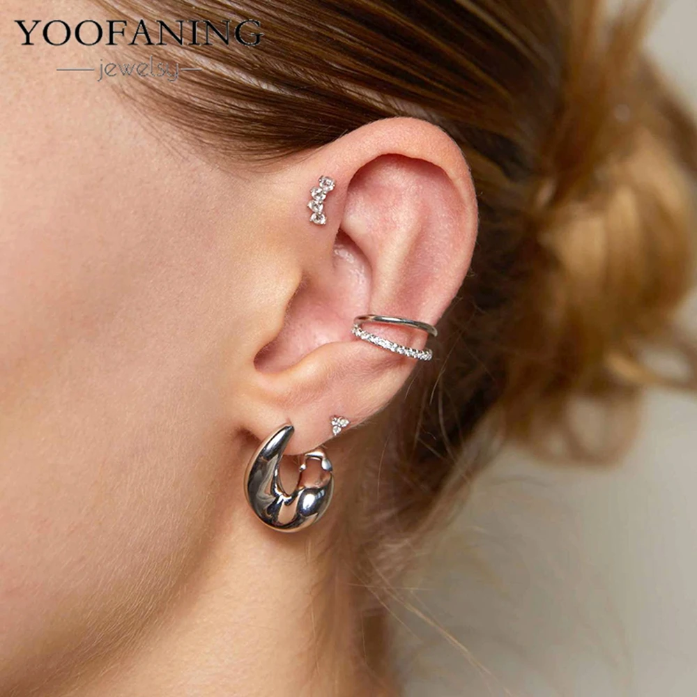 Фото Серьга-клипс YOOFANING с кристаллами циркона, 1 шт., для женщин и унисекс, серьга-кафф для хряща уха, имитация пирсинга, клипса-серьга для пары №1