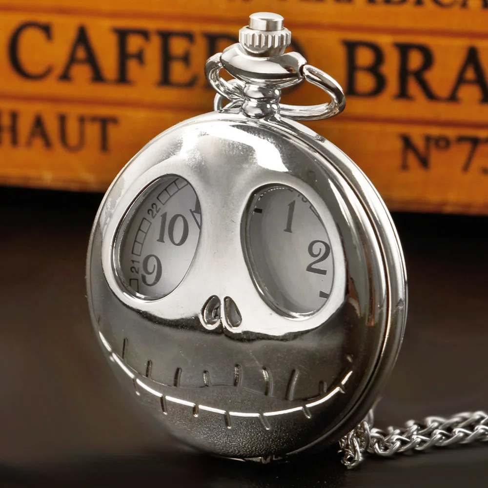 

Skull Silver Hollow Quartz Pocket Watch Vintage Arabic Numerals White Dial Pendant Pocket FOB Clock