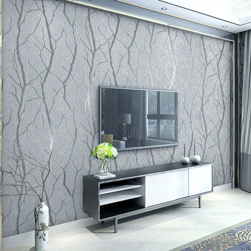 

10M Thick Grey Velvet 3D Wallpaper For Bedroom Walls Living room Background Flocked Tree Branches Embossed wall paper home decor