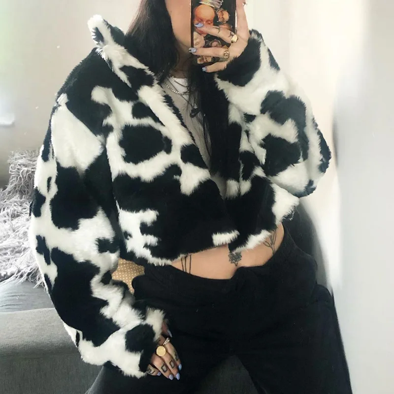 

Winter Warm Plush Cardigan Color-blocking Long-sleeved Gothic Fashion Cow Pattern Women's leopard print Punk Style Faux Fur Coat