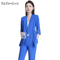 blue women business suits with flare pants and tops spring summer ladies office work wear pantsuits blazers trousers set