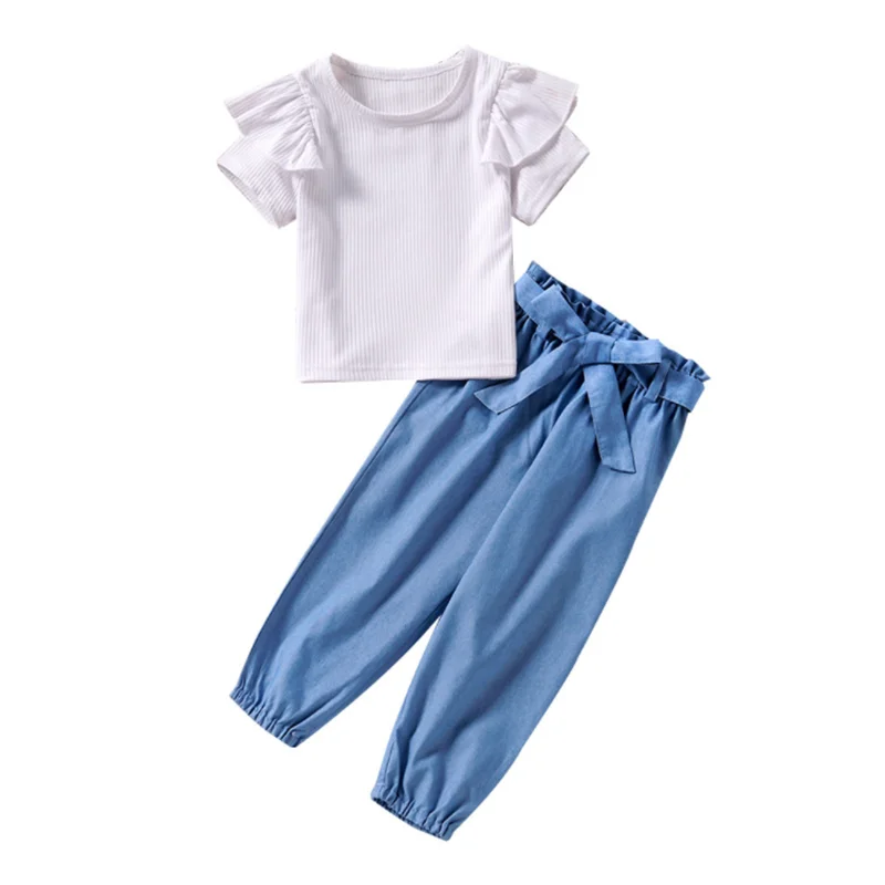 

1-6 Years Baby Girl Clothing Sets Summer Solid Short Sleeve Top + Long Pants 2pcs Suit 2022 New Kids Clothes Girls Costumes